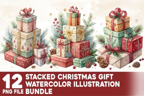 Download Stacked Christmas Gift Watercolor Bundle - Premium Resources
