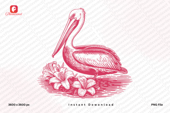 Download Vintage Tropical Floral Pelican Bird PNG - Premium Resources