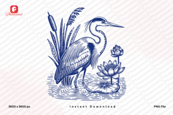 Download Hand Drawn Vintage Floral Heron Bird PNG - Premium Resources