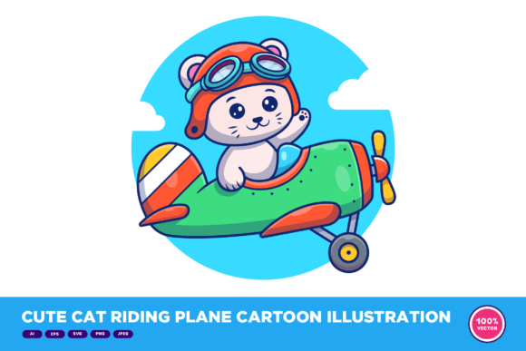 Download Cute Cat Riding Plane Cartoon - Premium Resources